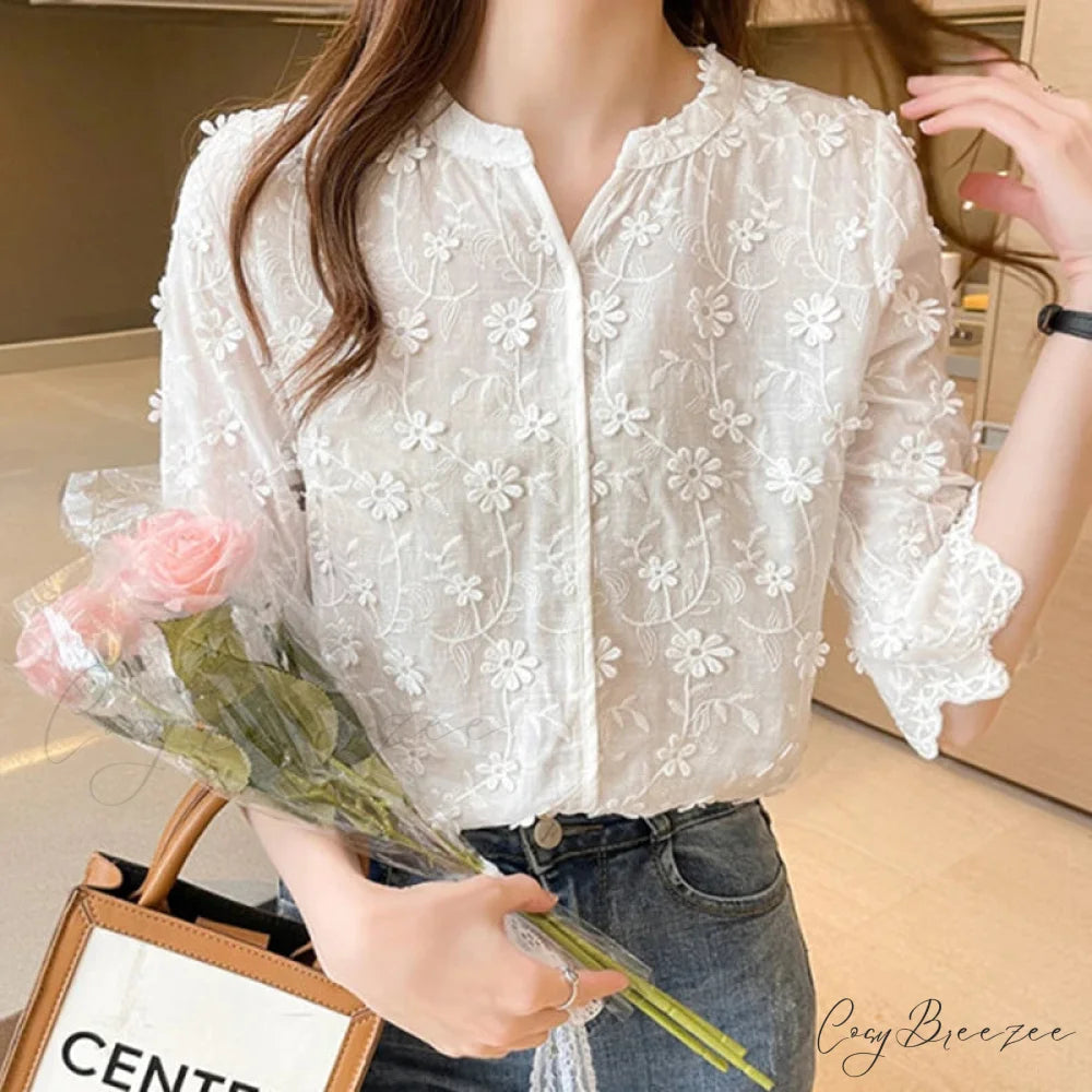Embroidered Lace Summer Cotton White Crop Top WHITE / S blouse-250126