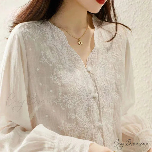 Embroidered Lace V-neck Linen Autumn Blouse blouse-250126