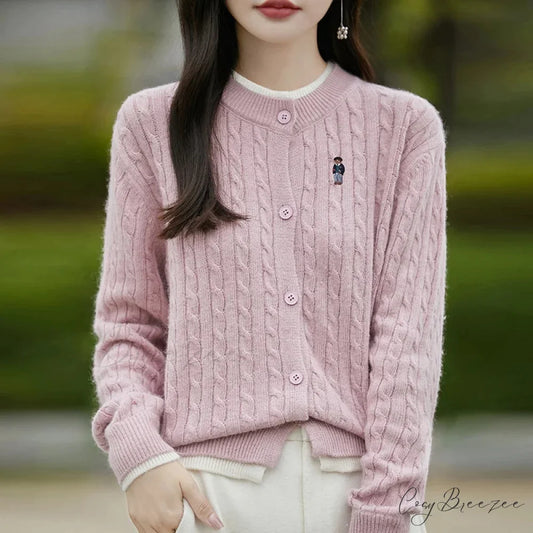 Embroidered Little Bear Loose Cashmere O-Neck Cardigan Pink / M cardiagn-250126