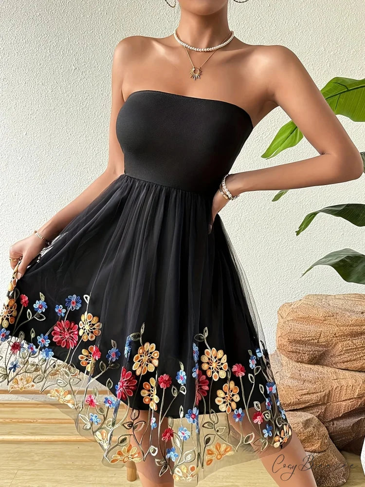 Embroidered Mesh Floral Strapless Vintage Dress floraldress-250126