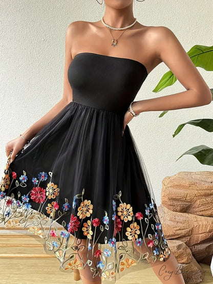 Embroidered Mesh Floral Strapless Vintage Dress floraldress-250126