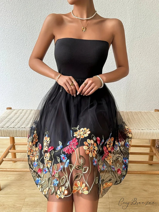 Embroidered Mesh Floral Strapless Vintage Dress floraldress-250126