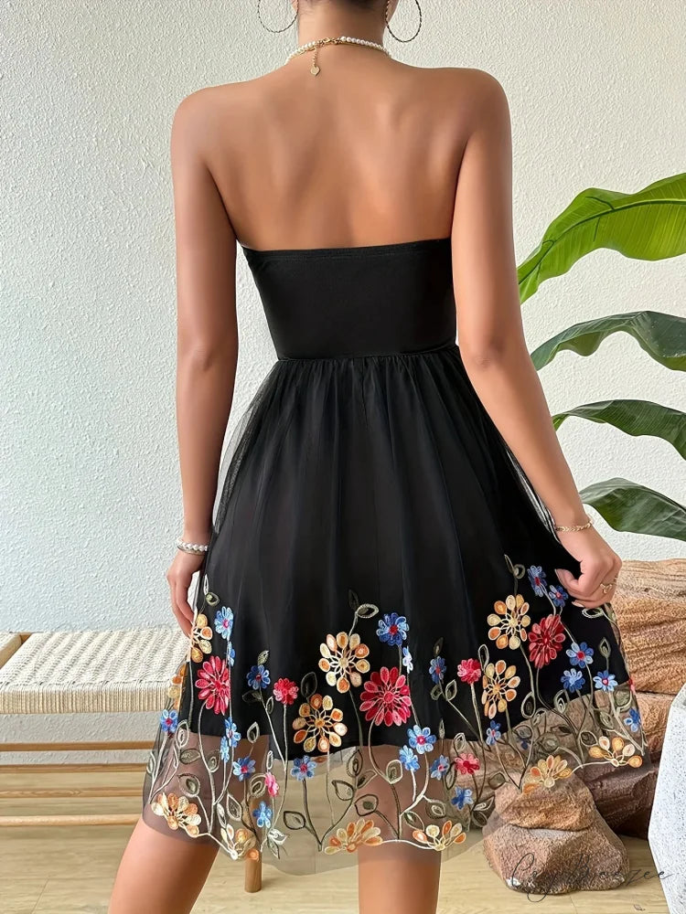 Embroidered Mesh Floral Strapless Vintage Dress floraldress-250126