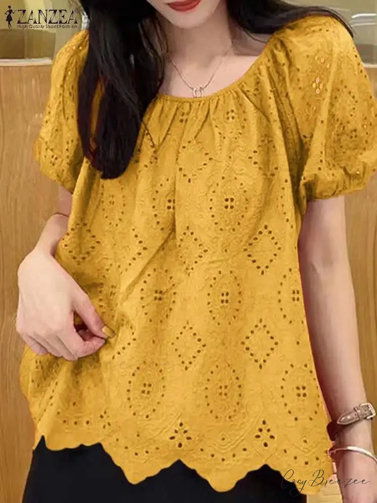Embroidered Puffy Sleeve Relaxed Lace Patchwork Blouse blouse-250126