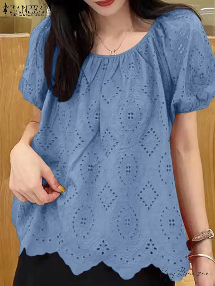Embroidered Puffy Sleeve Relaxed Lace Patchwork Blouse blouse-250126