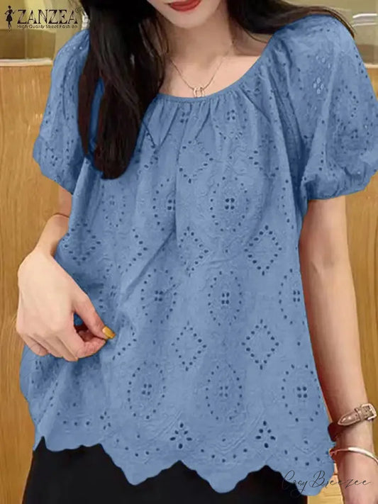 Embroidered Puffy Sleeve Relaxed Lace Patchwork Blouse blouse-250126