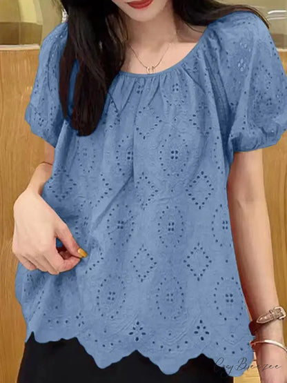 Embroidered Puffy Sleeve Relaxed Lace Patchwork Blouse Blue / S blouse-250126