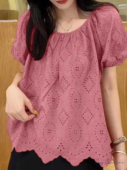 Embroidered Puffy Sleeve Relaxed Lace Patchwork Blouse Cameo / S blouse-250126