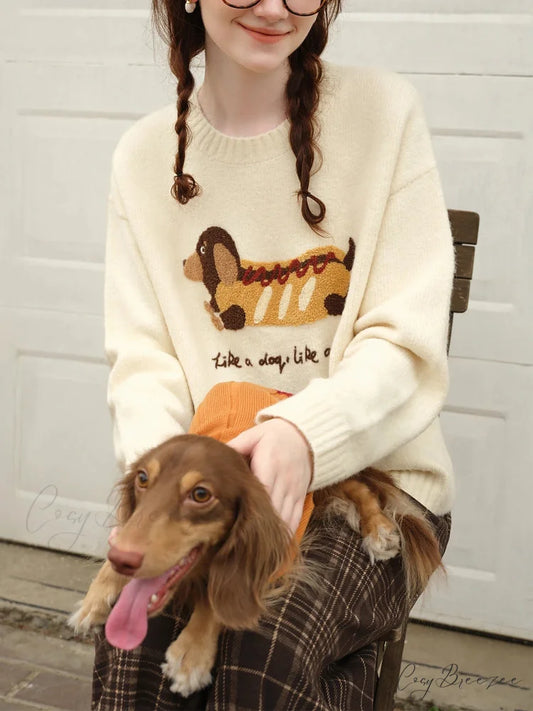 Embroidered Round Neck Drop Sleeve Sweater Beige / XS swraters-241228