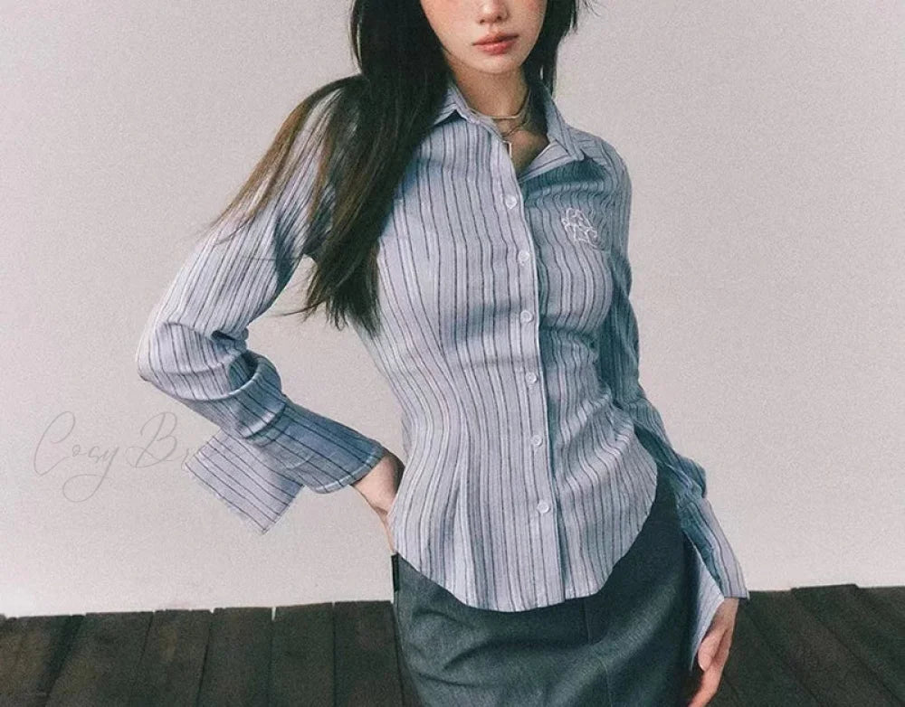 Embroidered Striped Slim-fit Collar Blouse blouse-250126