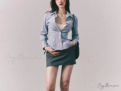 Embroidered Striped Slim-fit Collar Blouse blouse-250126