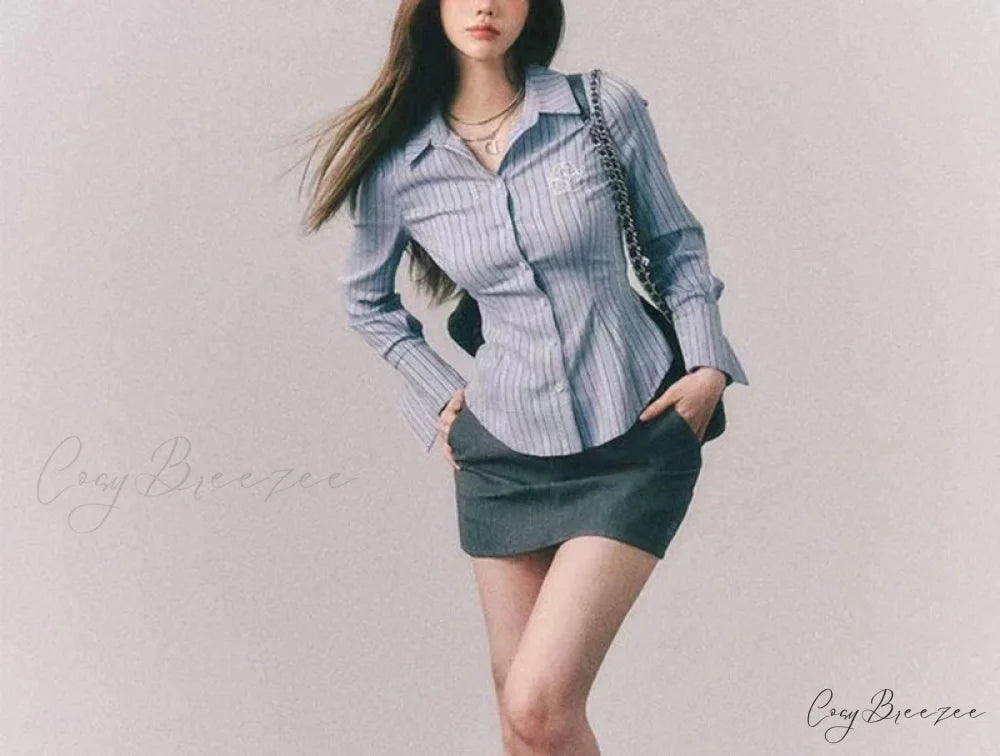 Embroidered Striped Slim-fit Collar Blouse blouse-250126