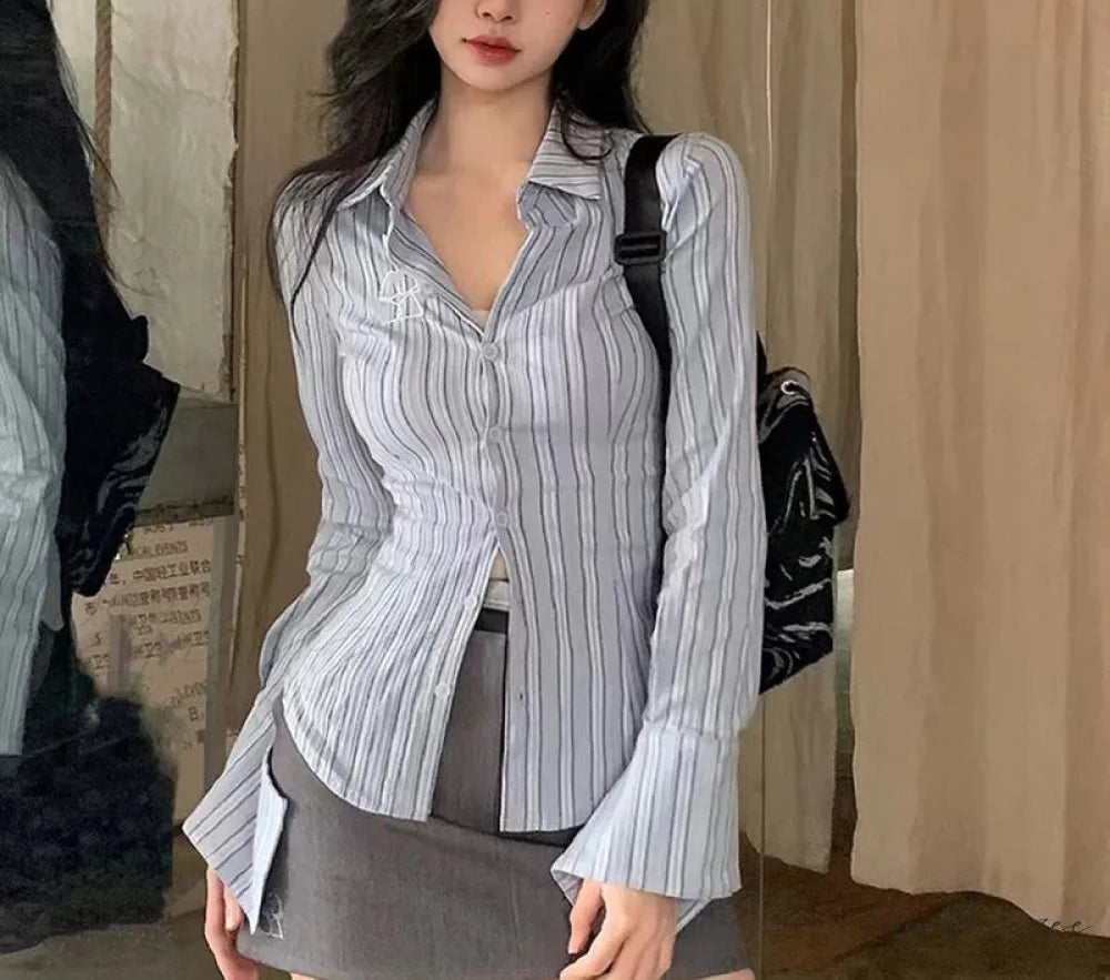Embroidered Striped Slim-fit Collar Blouse Striped Shirt / S blouse-250126