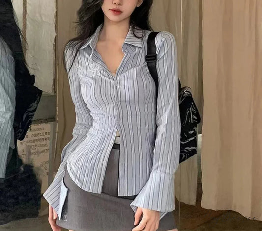 Embroidered Striped Slim-fit Collar Blouse Striped Shirt / S blouse-250126