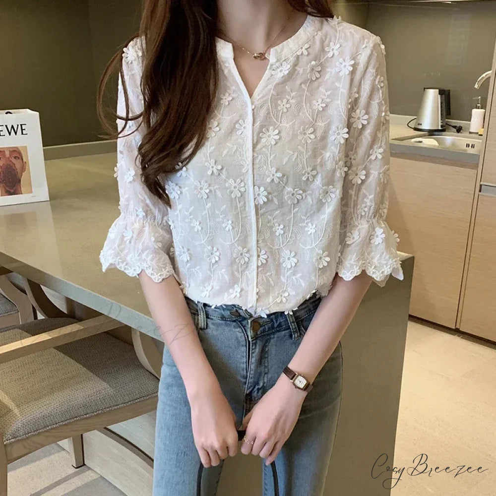 Embroidered White Cotton Floral Korean Style Crop Top blouse-250126