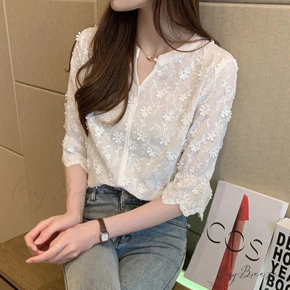 Embroidered White Cotton Floral Korean Style Crop Top blouse-250126
