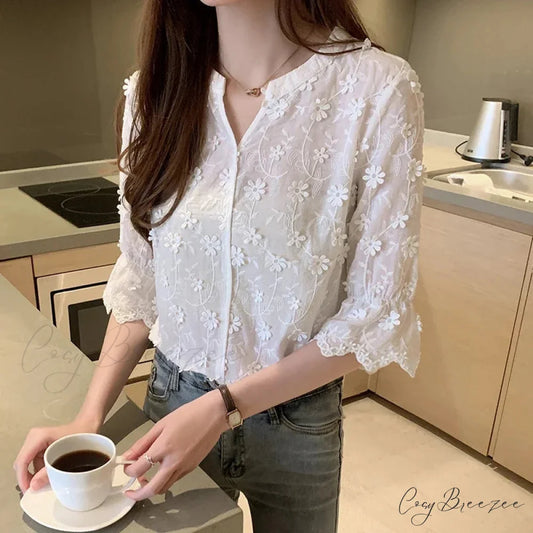 Embroidered White Cotton Floral Korean Style Crop Top WHITE / S blouse-250126