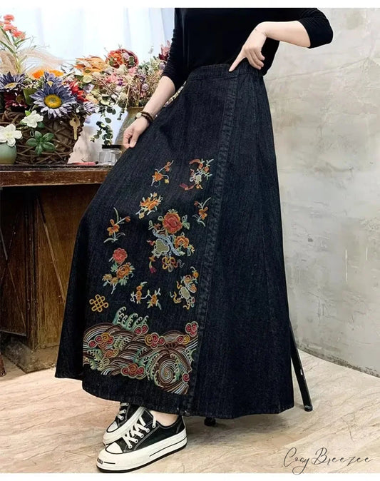 Embroidery Denim High Waist Japanese Mori Long Casual Skirt BLACK / One Size skirt-250126