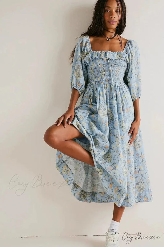 Embroidery Floral Long-sleeved Gypsy Maxi Boho Dress Blue / S bohodress-250126