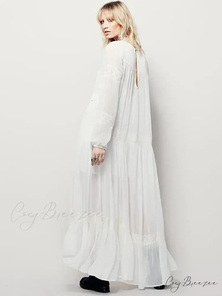 Embroidery Flower V-neck Split Mini Boho Dress bohodress-250126