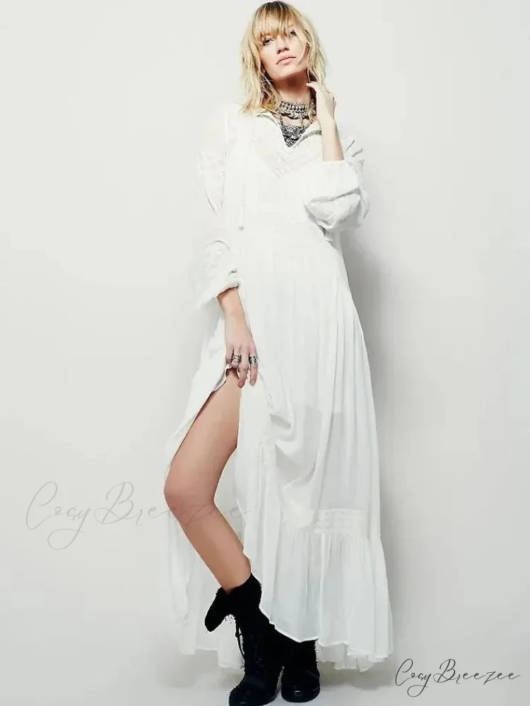 Embroidery Flower V-neck Split Mini Boho Dress bohodress-250126