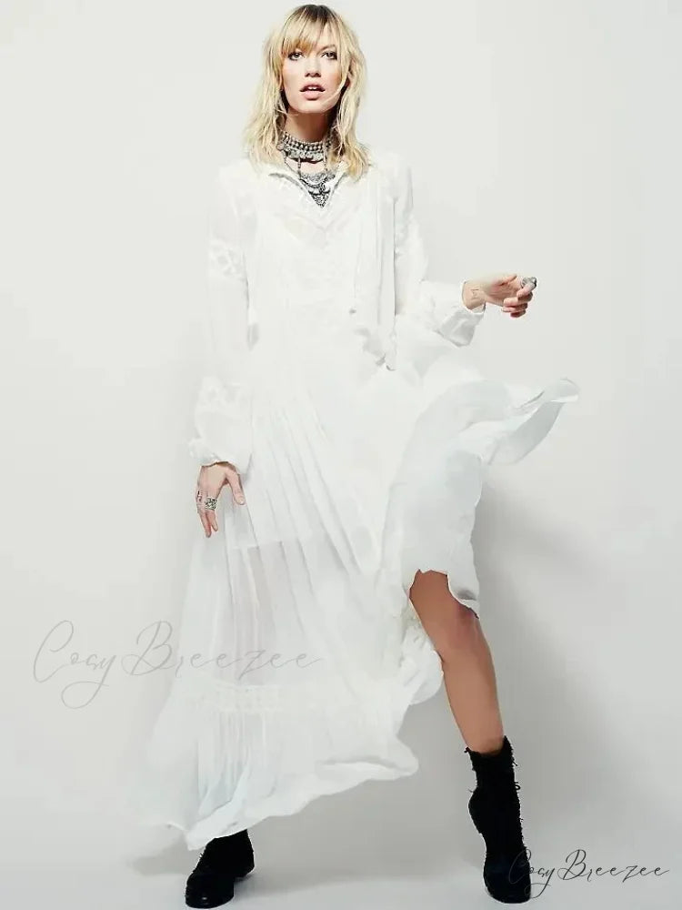 Embroidery Flower V-neck Split Mini Boho Dress bohodress-250126