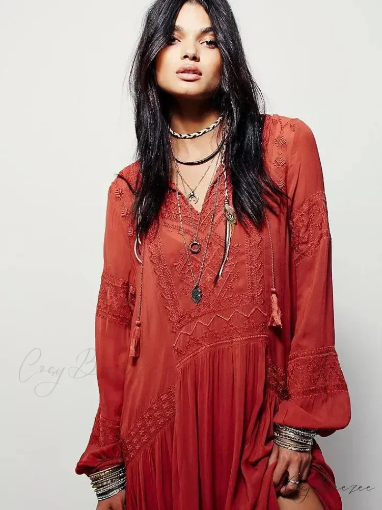 Embroidery Flower V-neck Split Mini Boho Dress bohodress-250126