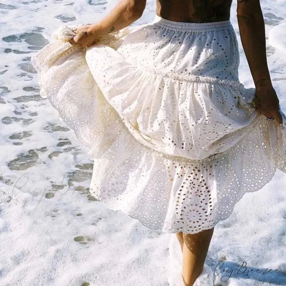 Embroidery High Waist Boho Skirt WHITE / One Size skirts-250223