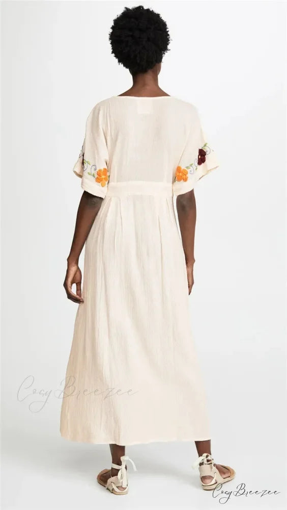 Embroidery Loose V-neck Black Elegant Boho Dress bohodress-250126