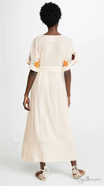 Embroidery Loose V-neck Black Elegant Boho Dress bohodress-250126