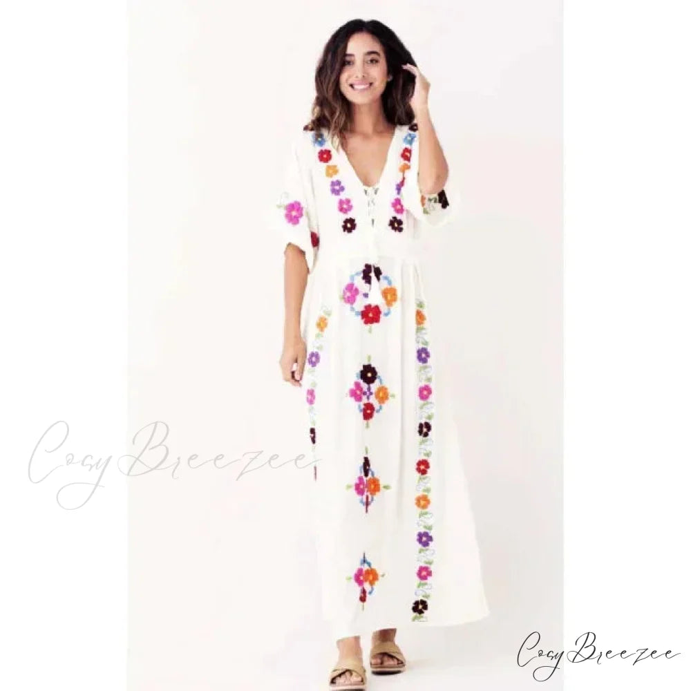 Embroidery Loose V-neck Black Elegant Boho Dress bohodress-250126