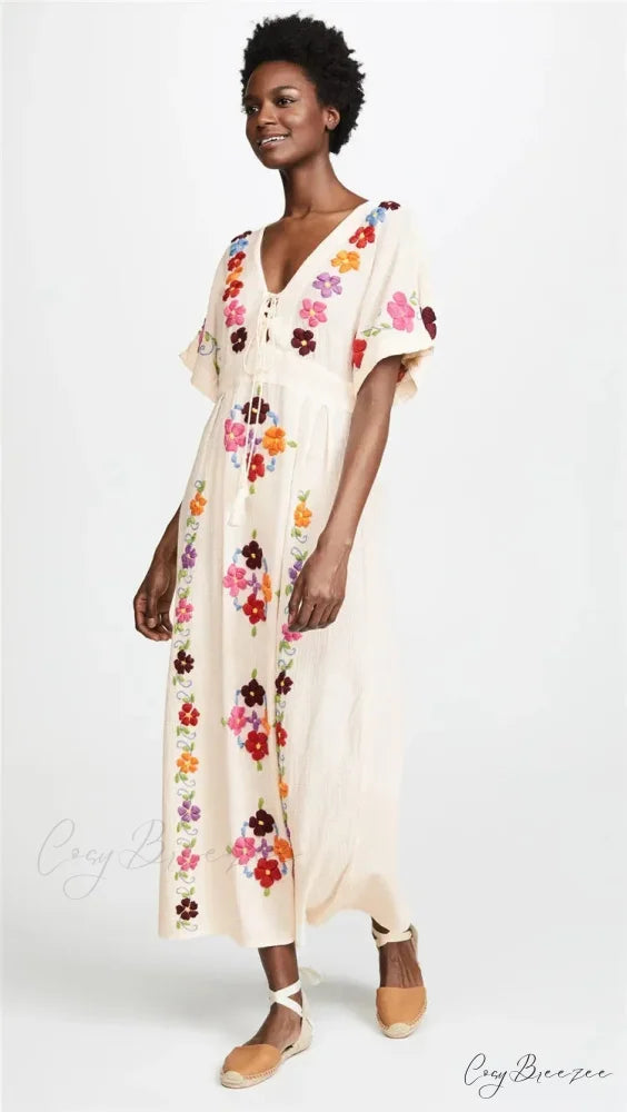 Embroidery Loose V-neck Black Elegant Boho Dress bohodress-250126