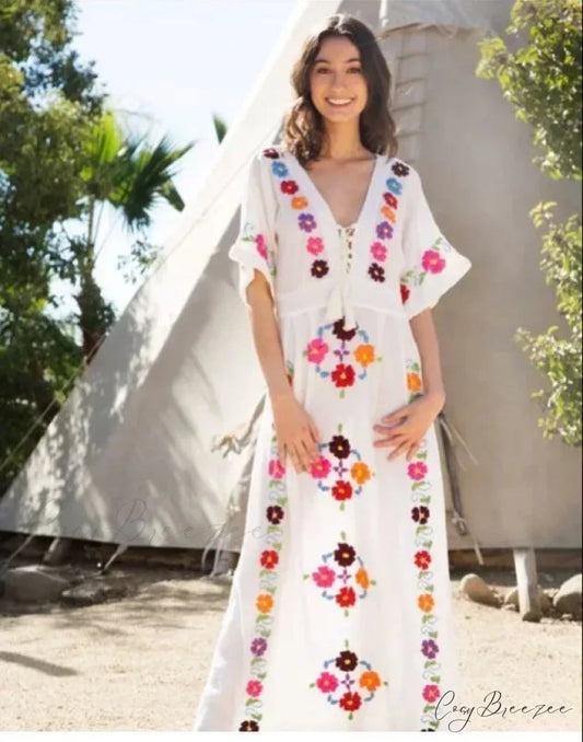 Embroidery Loose V-neck Black Elegant Boho Dress WHITE / S bohodress-250126