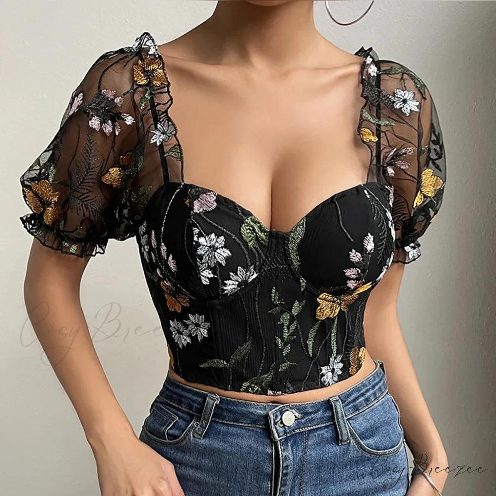 Embroidery Mesh Puff Sleeve Fishbone Corset Top Black / XS croptop-250126