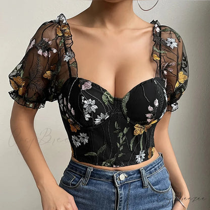 Embroidery Mesh Puff Sleeve Fishbone Corset Top Black / XS croptop-250126