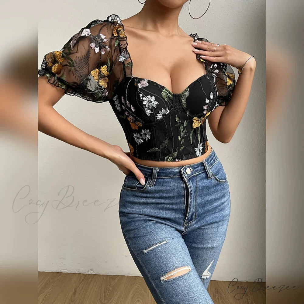 Embroidery Mesh Puff Sleeve Fishbone Corset Top croptop-250126
