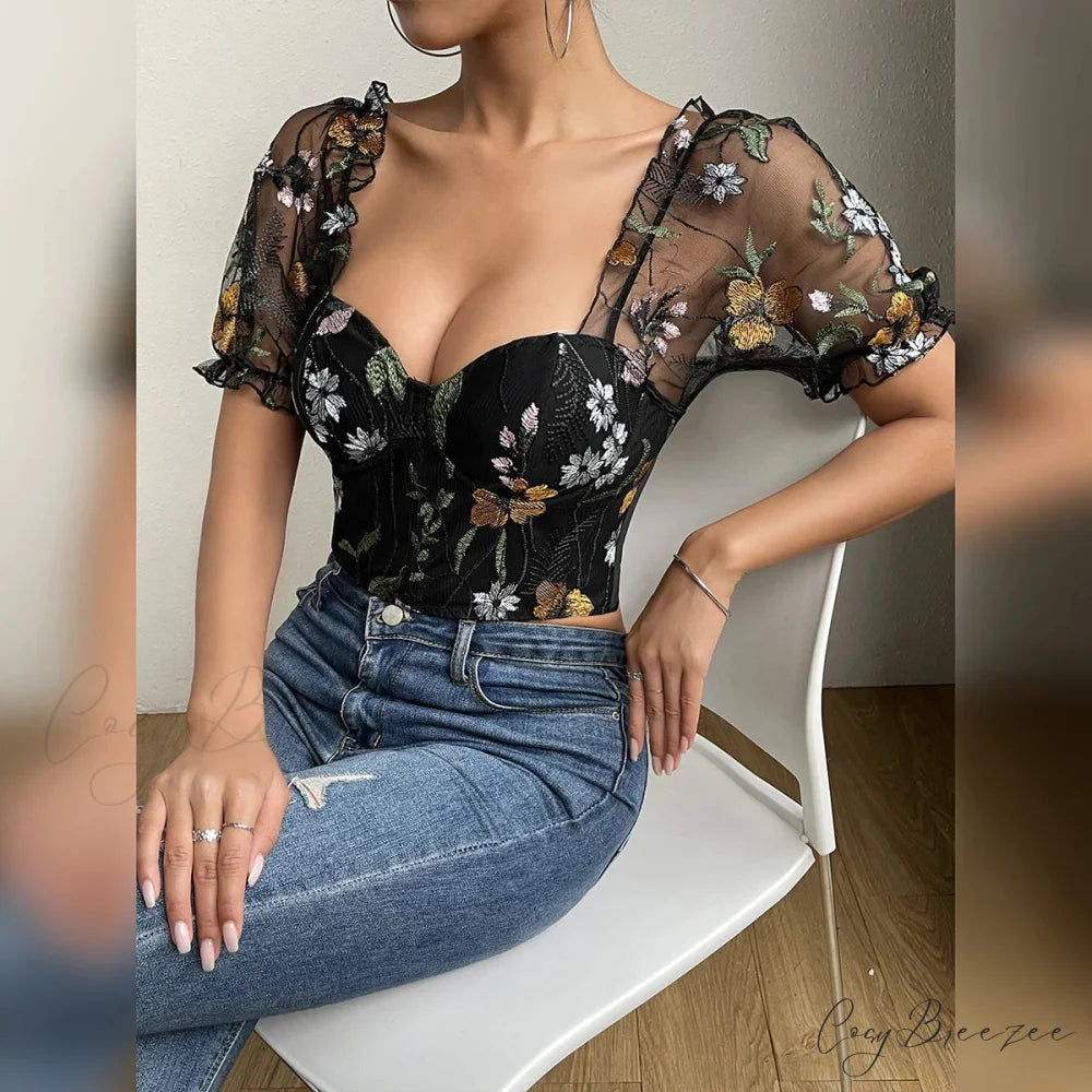 Embroidery Mesh Puff Sleeve Fishbone Corset Top croptop-250126