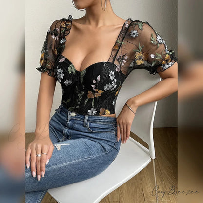 Embroidery Mesh Puff Sleeve Fishbone Corset Top croptop-250126