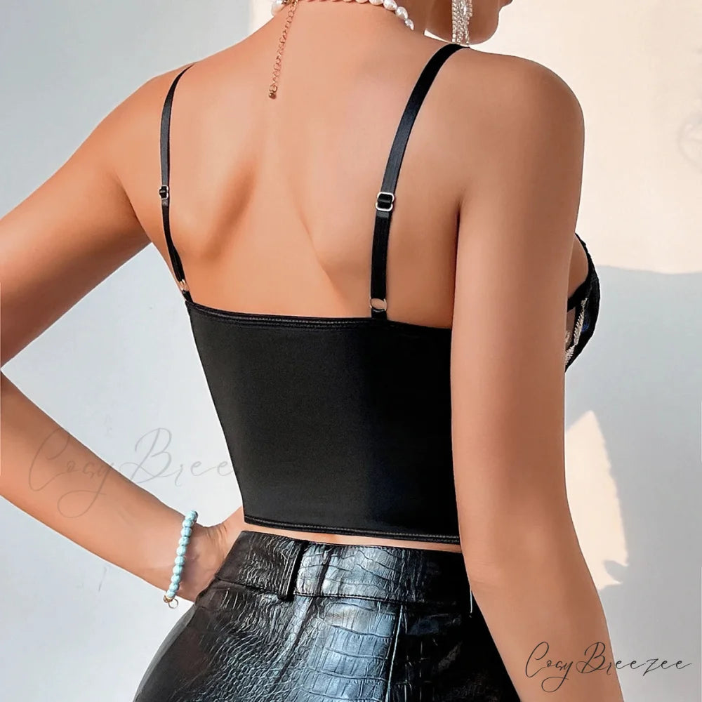 Embroidery Mesh Tank Top Sexy Slim Bustier croptop-250126