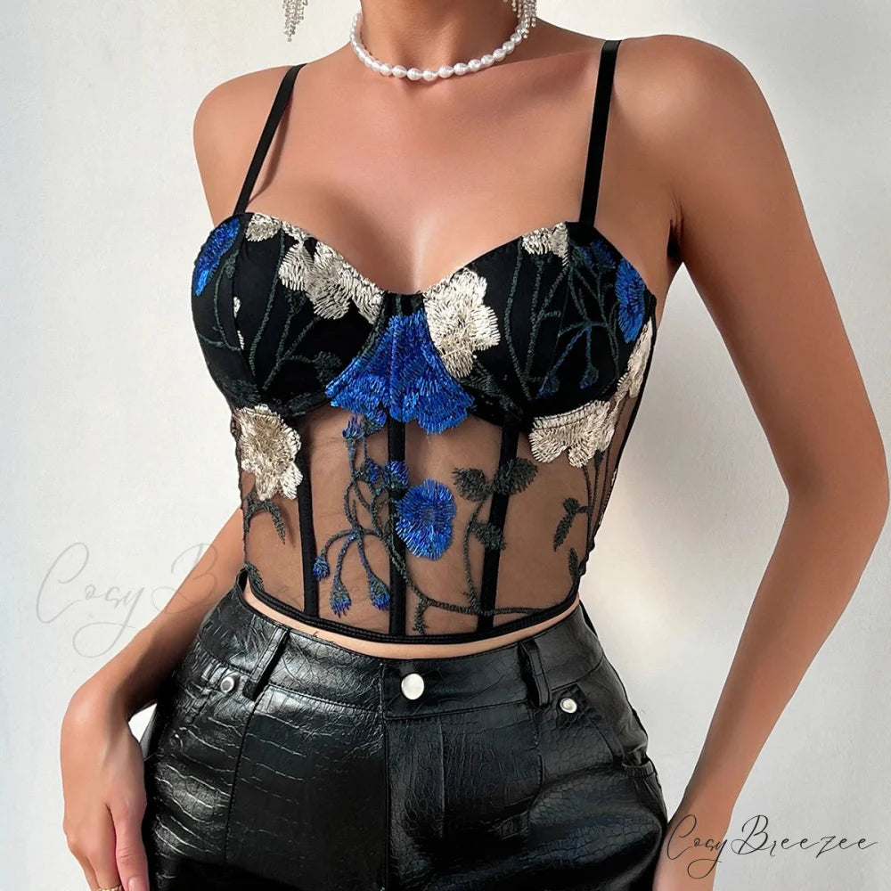 Embroidery Mesh Tank Top Sexy Slim Bustier croptop-250126