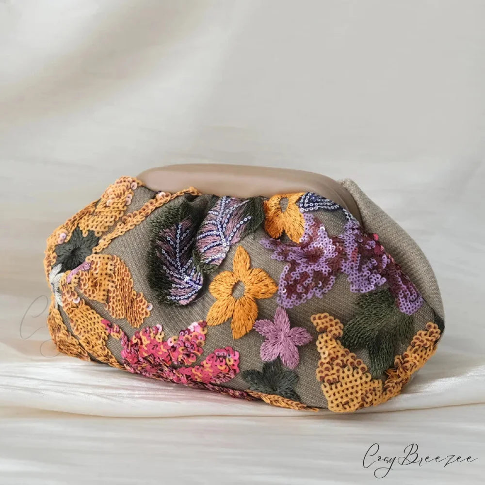 Embroidery Sequin Floral Clutch Yellow wristlet-250126