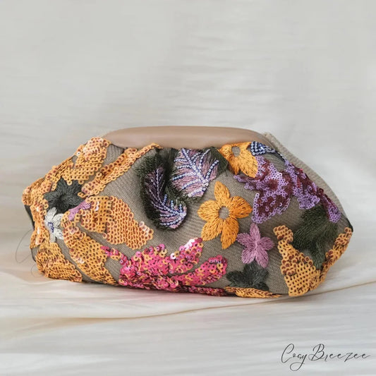 Embroidery Sequin Floral Clutch Yellow wristlet-250126