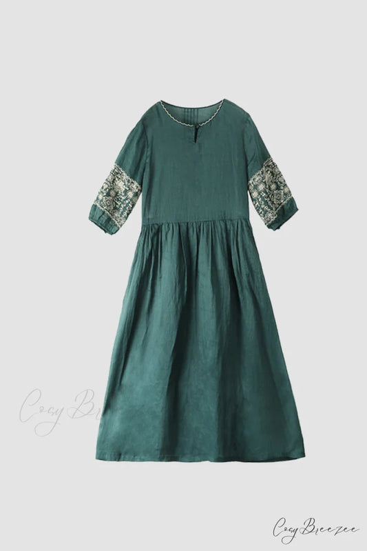 Emerald Embroidered Ramie Dress S / Emerald