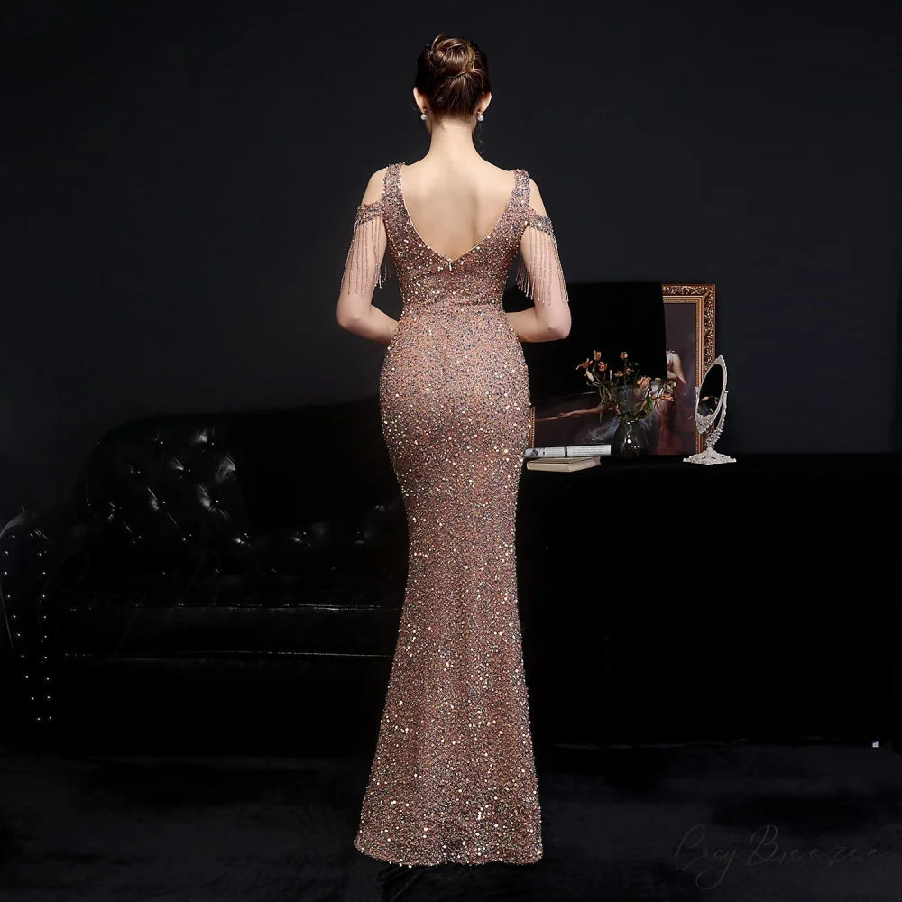 Emery sequined Stylish fringed fishtail dress