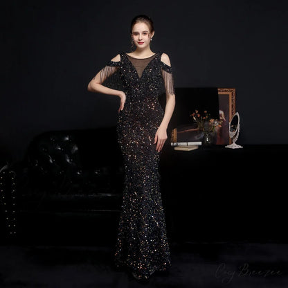 Emery sequined Stylish fringed fishtail dress BLACK / XS