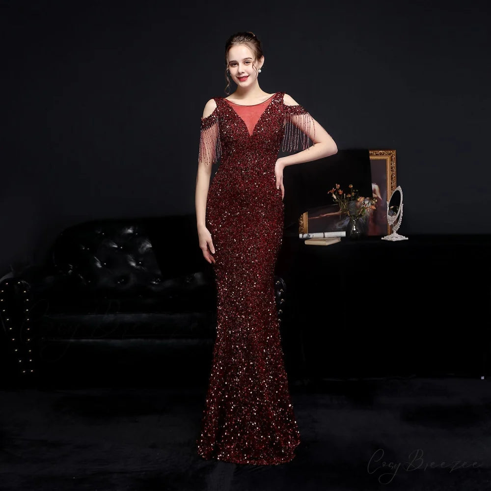 Emery sequined Stylish fringed fishtail dress BURGUNDY / XS