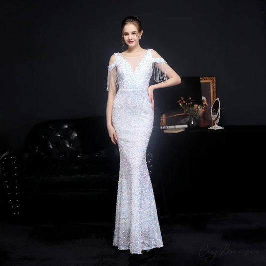Emery sequined Stylish fringed fishtail dress WHITE / XS