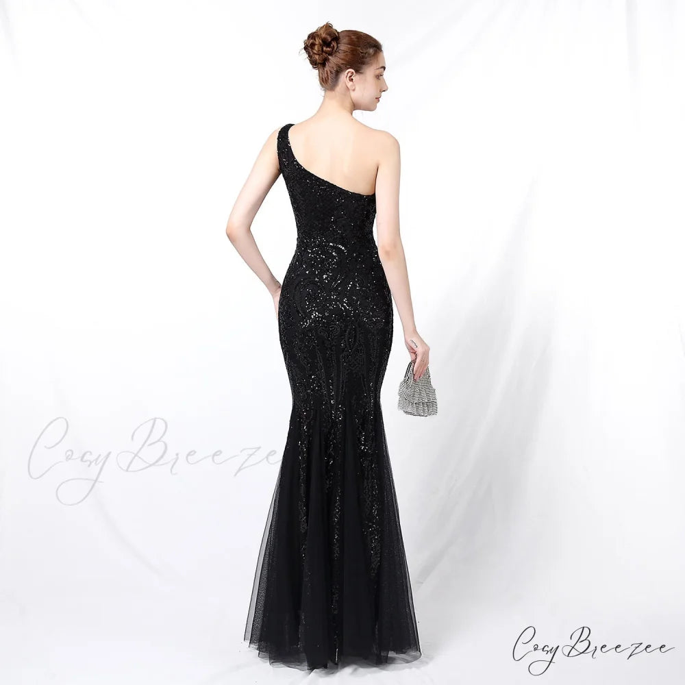 Emily formal one-shoulder Charming sequined mesh fishtail dress