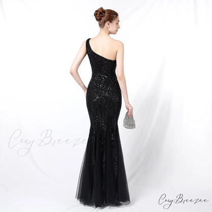 Emily formal one-shoulder Charming sequined mesh fishtail dress
