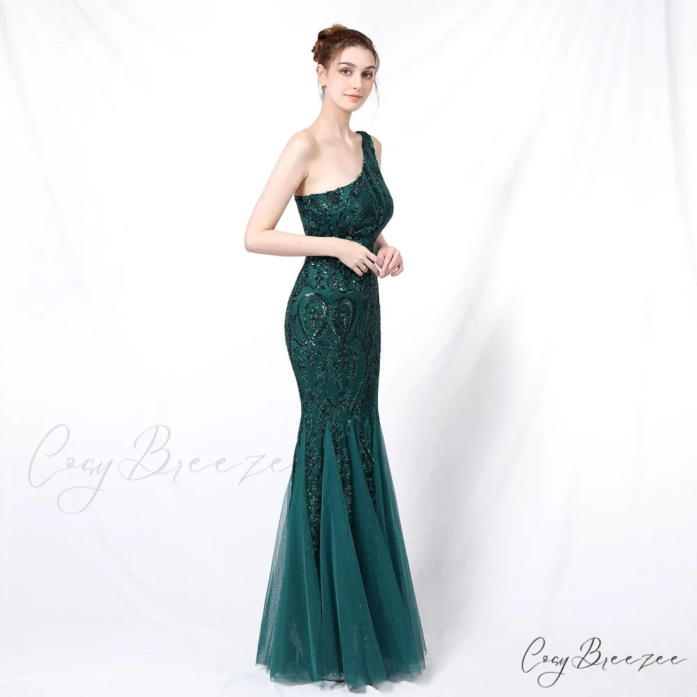 Emily formal one-shoulder Charming sequined mesh fishtail dress